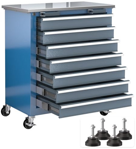 LARBANKE 7-Drawer Tool Box with 360° Wheels and Padded Feet, Workshop Trolley with Stainless Steel Worktop, Tool Cabinet with Secure Locking System, for Home, Garage and Office
