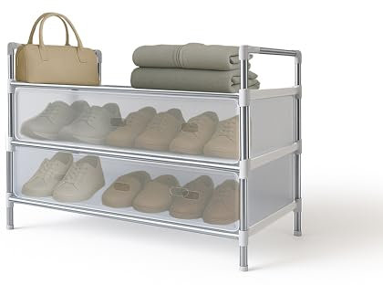 MAKA Scarpiera Salvaspazio Slim, Scaffale Porta Scarpe in Metallo, Facile da Montare, Scarpiera Antipolvere Impilabile, Scaffale Portaoggetti Trasparente, Ingresso, Soggiorno, Camera (3 Ripiani)