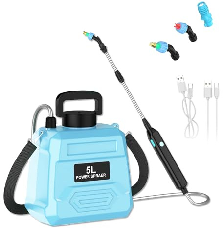 Pulverizador Eléctrico para Jardín, 5L Pulverizador de Presión con 2 Boquillas, Correas de Hombro, Barra Telescópica, para Hierba, Fertilizantes, Riego (Azul)