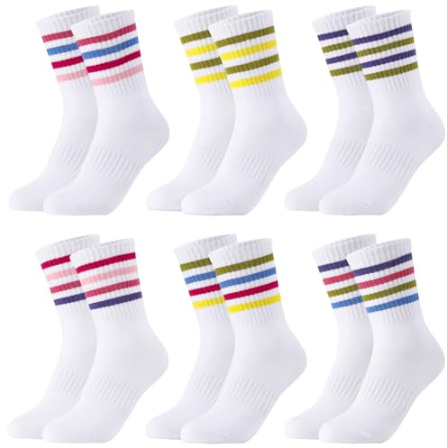 Utensilsto 6 Paar Tennissocken Kinder 31-34 Sportsocken Weiß Kindersocken mit Streifen Tennis Sport Socken Jungen Mädchen Baumwollsocken für Tennis Lauf Sport