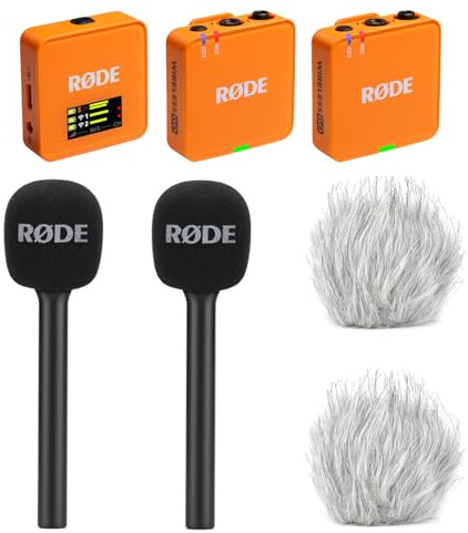 Rode Wireless GO Gen 3 - Sistema wireless per microfono a 2 canali, colore arancione con 2 adattatori per intervista GO e 2 paravento Keepdrum