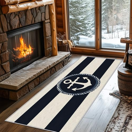 Generisch Läufer Flur Anker, Waschbarer Teppich Läufer Nautische Marine Blau Weiße Streifen 60x120, Küchenteppich, Eingangsbereich, Bettvorleger, Schlafzimmer Deko, rutschfest, Kurzflor c308