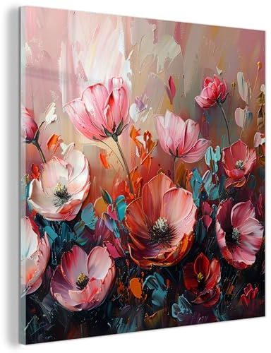 MuchoWow© Glasbilder 40x40 cm Wohnzimmer Deko Modern Wandbild Kunstdruck auf Glas Bild Schlafzimmer über Bett Room Decor Geschenke Mohnblumen - Rosa - Blumen - Botanisch - Kunst