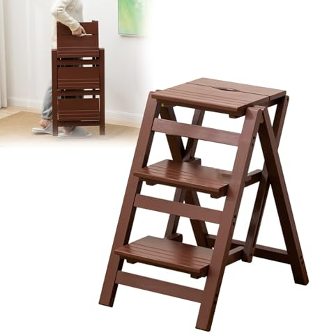 Scala pieghevole multifunzionale in legno massello e sgabello, robusta sedia a doppio uso per uso interno, elegante decorazione per la casa, ideale per scale e soluzioni di seduta versatili