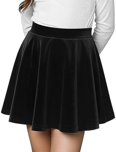 Spring&Gege Gonna da pattinaggio in velluto per ragazze, basic, tinta unita, elasticizzata, lunghezza al ginocchio, divisa scolastica, minigonna, abbigliamento invernale, Nero , 9-10 Anni