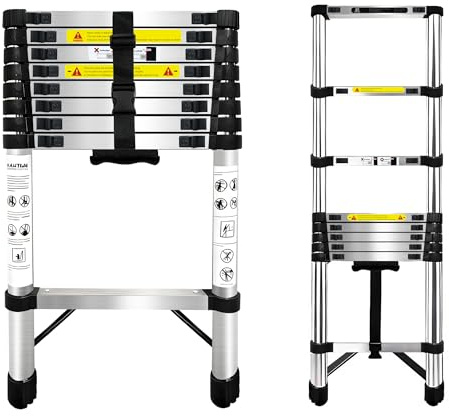 Échelle télescopique de 2,6 m, échelle Extensible en Acier Inoxydable renforcé Anti-crochage, échelle Pliable Stable de 150 kg, échelle Pliable à Retrait Lent Anti-crevaison avec Manuel Complet