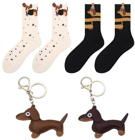 Snyvpra Lot de 4 cadeaux teckel, porte-clés teckel et chaussettes, mignon pendentif chiot en cuir pour sac de chien porte-bonheur, cadeaux teckel pour amoureux des animaux, cadeaux amusants pour la