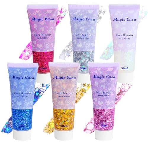 Jomdjmskes 6 Stück Festival Glitzer Gesicht, Body Glitter Gel Make-Up für Augen und Lippen, Maniküre DIY Glitter, Face Glitterr Dauerhaften Glanz, Long-Lasting für Gesicht Haare Lippen Nägel Kosmetik