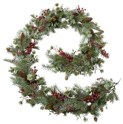 Künstliche Weihnachtsgirlande Tanne/Eukalyptus/Beeren - Länge 188 cm - Winterliche Deko für Innen & Außen (Rot/Grün)