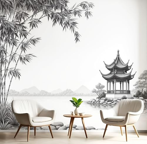 Tapete Tuschemalerei Bambus Landschaft, Chinesische Fototapete Wohnzimmer Schlafzimmer Tapeten, Schwarz-Weiß Wandbild Wandbild Wandtapete, Mustertapete Wanddeko 200X140Cm (B X H)