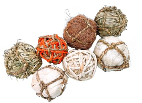 TOYANDONA Lot de 7 Jouets à Mâcher pour Petits Animaux en Paille et Rotin Tressé, Balles Naturelles pour Lapins, Cochons D’Inde, Perroquets Jouets Molaires Sécurisés pour Cages et Activité