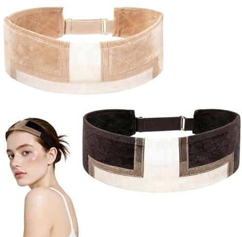 2 Pcs Wig Grip Headband, Adjustable Non-Slip Velvet Elastic Wig Band for Women, Comfortable Invisible Breathable Wig Grip Band for Any Head Size (Beige & Dark Brown)