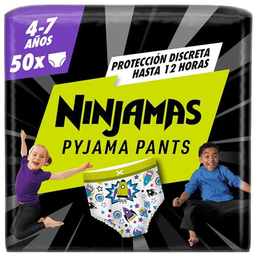 Dodot Pañal-Braguita Ninjamas, Talla 4-7 años (17-30 kg), 50 pañales tipo braguita, pañal noche con Naves espaciales, Protección Antifugas durante Toda La Noche | Protección contra fugas toda la noche, diseño absorbente para el pipí nocturno, se pone como una braguita