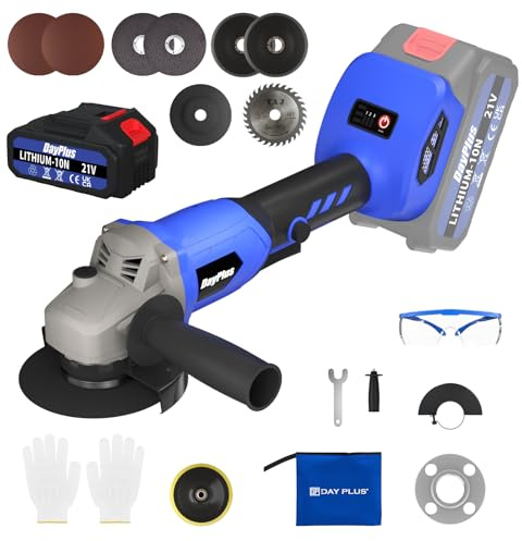 21V Cordless Brushless Angle Grinder with Adjustable Auxiliary Handle (2-Position), 3.0Ah Battery & Charger, 115mm Wheel, Safety Gloves/Goggles, Ideal for Cutting, Grinding & Polishing, Blue