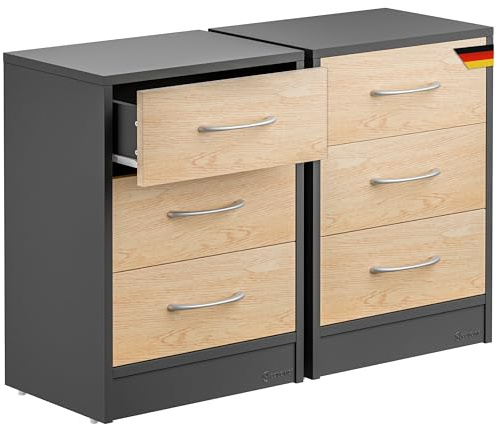 Casaria 2X Nachttisch mit 3 Schubladen Holz Grau | 54x39x28 cm, für Boxspringbett, 54cm Komforthöhe, Schlafzimmer, Nachtschrank, Nachtkästchen, Nachtkommode, Set, Möbel