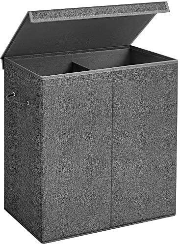 SONGMICS Laundry Basket, Laundry Hamper with 2 Compartments, 37.5 Gal. Foldable Laundry Sorter with Magnetic Lid and Handles, Removable Liner Bag, Dark Gray ULCB002G02