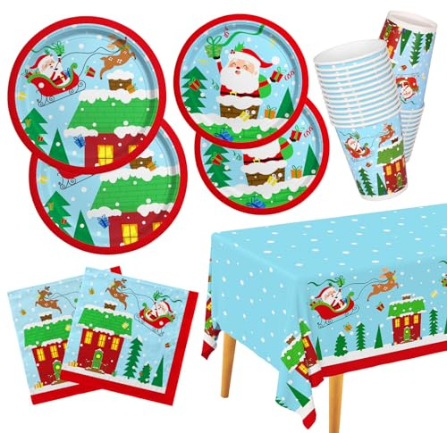 Christmas Party Supplies - Christmas Santa-Themed Disposable Paper Plates, Napkins and Cups Set with Waterproof Plastic Tablecloth - Perfect Party Decorations，Serve 25