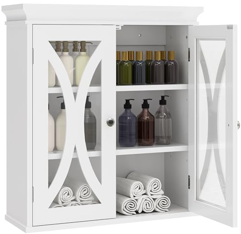 YITAHOME Bathroom Cabinet, White Bathroom Wall Cabinet with Glass Door, Bathroom Cabinet Wall Mounted, Small Kitchen Wall Cabinets Adjustable Shelves, Wall-Mounted Storage Cabinet (White)