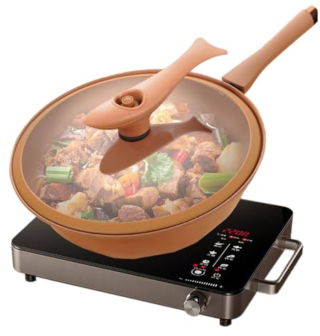 Wok En Céramique - Poêle Wok Electrique Avec Couvercle - Poêle Antiadhésive Et Cuisson À Cuit Vapeur - Ensemble De Sauteuses Plates - Poêle Wok Antiadhésive - Cuite Casserole En Céramique Casserole