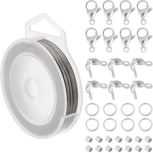 BENECREAT 160m di filo per gioielli in acciaio inossidabile a 7 fili da 0.5 mm con 200 perline a crimpare, 100 perline terminali, 30 chiusure a moschettone e 200 anelli di collegamento