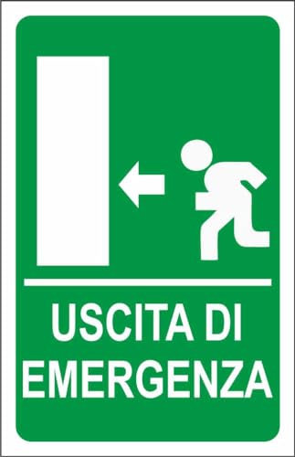 M-ITALY CARTELLO SEGNALETICO - USCITA DI EMERGENZA OMINO A SINISTRA - Adesivo Extra Resistente, Pannello in Forex, Pannello In Alluminio (20x31, Plastica)