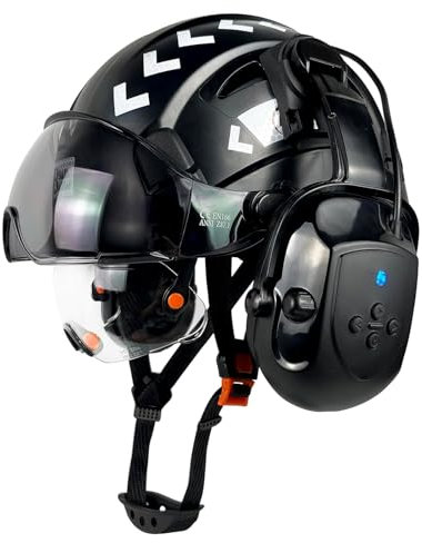 SAFEBUILDER Safety Helmet with Visor Bluetooth Ear Muffs SNR 26dB Hard Hat with Visors Mounted Ear muff Hardhats Vented ANSI Z89.1 (Black Hat Wtih Clear & Tinted Visor & Bluetooth Ear Muffs)