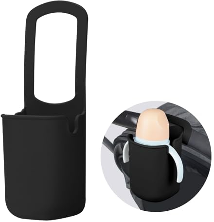 Pram Cup Holder, Baby Bottle Organizer, Universal Drink and Coffee Cup Holders, Silicone Cup Holder Organizer for Stroller, Pushchair, Buggy, Bike, Wheelchair, Gifts for Women, Mom, Girl (Black)