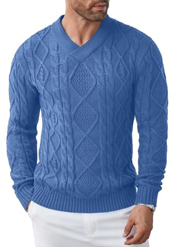 COOFANDY Jersey para Hombre, Cuello en V, cálido, Corte Ajustado, Jersey de Invierno para Hombre-Azul L