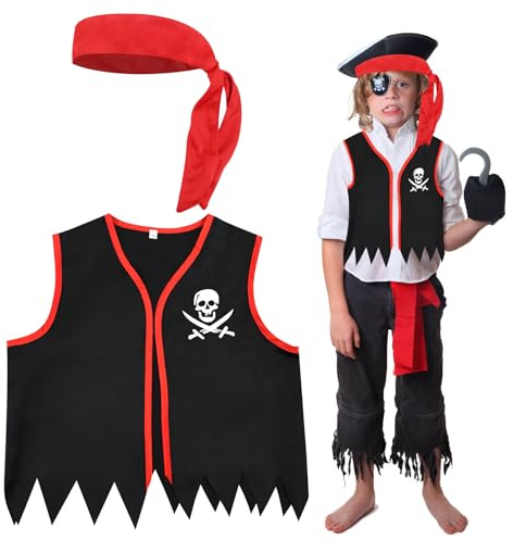 Lot de 2 Accessoires de Costume de Pirate pour Enfants - Gilet et Foulard Rouges - Déguisement pour Filles et Garçons - Halloween, Fête d'Anniversaire