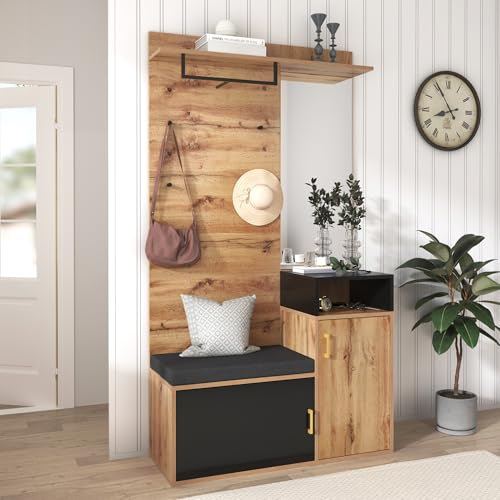 Vestiaire d'entrée, Ensemble Armoire avec Miroir, 4 Patères, Meuble à Chaussures, Porte-manteau Mural, Compartiment Rangement Supérieur, Meuble Entree avec Banc Rembourré, Chêne+Noir, 105x40x191,5 cm