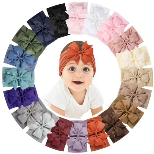 Jollybows 20pcs Baby Girls Bows Headbands, 4.5 Nylon Hairbands Ribbon Hair Bow Elastic Hair Accessories for Newborns Infants Toddlers and Kids (Dark Color)