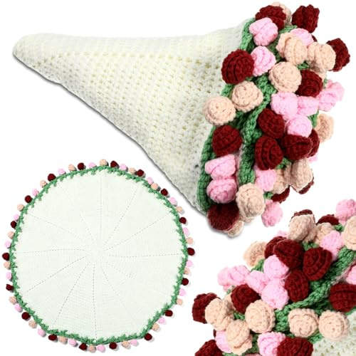 WovWeave Rose Crochet Knitted Blanket - 33.5 inch Finished Pink White Brown Floral Bloomie Bouquet Blanket for Women Birthday Gift Anniversary Wedding Party Favors