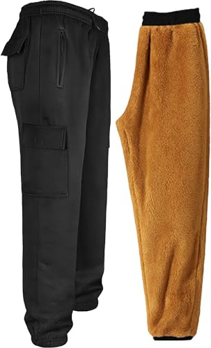 LAMANIERE Mens Sherpa Fleece Lined Joggers Zip Pockets Thermal Stretch Jogging Bottoms Elasticated Waist Warm Soft Thick Sherpa Insulated Trousers