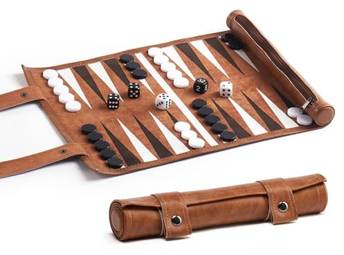 Nzkeuf Juego de Backgammon, Set Backgammon con Peones y Dados, Juegos de Viaje para Campistas y Aficionados, Exterior de Cuero