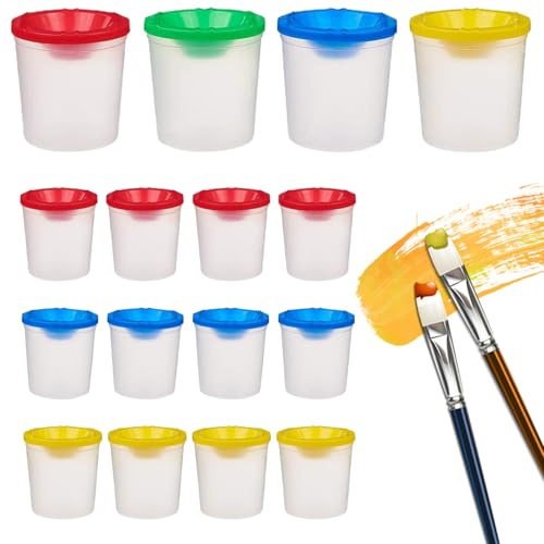 Vasos de pintura con tapa para niños, 20 vasos de pintura sin derrames de 250 ml, plástico transparente, recipientes con tapas para mezclar colores, limpieza de pinceles