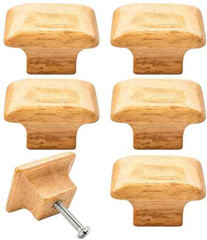 Wooden Door Knobs and Wooden Handles, Six Wooden Drawer Knobs for Wardrobe Doors and Cabinets, Rustic Style Wooden Knobs with Easy Installation, Suitable for Kitchen and Bathroom Furniture Upgrades