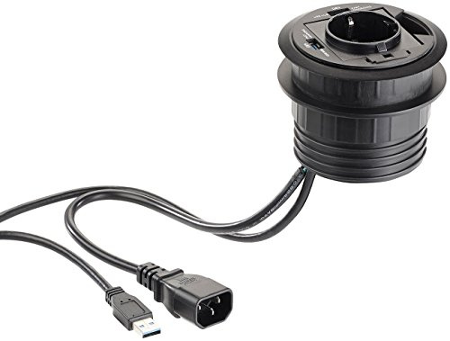 revolt USB Hub Tisch versenkbar: Aktiver 2-fach-USB-3.0-Hub für Tisch-Einbau, mit Steckdose, 80 mm (Schreibtisch-Einbausteckdosen, Büromöbel-Steckdosen, Dose)