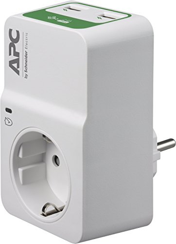 APC-Surge Protector - PM1WU2-GR - Steckdosenadapter mit Überspannungsschutz (1 Stecker Schuko, 2 USB-Ladeausgänge, weiß)