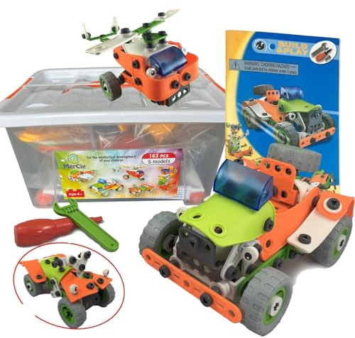 Jouet de construction 5 en 1 | 161 pièces pour construire voiture, avion, hélicoptère, quad et robot. Outils + livret détaillé pour chaque modèle | Jouet d'ingénierie pour enfant de 5 6 7 8 9 10+ ans