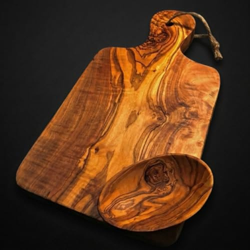 What the Art!® Olive Wood «Le Provençal» Gr. M | Olivenholz Schneidebrett inkl. Dip-Schälchen | Handarbeit | 30 x 15 x 2 cm | Käsebrett - Servierbrett - Brotzeitbrett - Vesperbrett