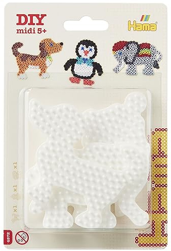 Hama Perlen 4572 Kleine Stiftplatten 3er Set für Midi Bügelperlen mit Durchmesser 5 mm, Motive Elefant, Pinguin und Hund in weiß, kreativer Bastelspaß für Groß und Klein