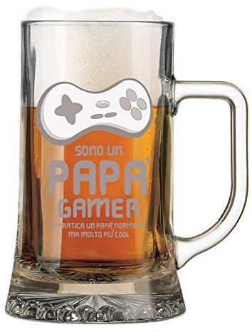 Colorfamily Boccale da Birra con Incisione papà - Sono Un papà Gamer ma Molto più Cool - Festa del papà - Bicchiere in Vetro Chiaro, capienza 50 cl