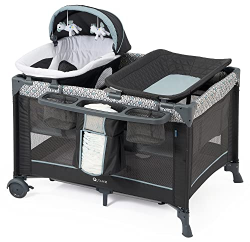 5 in 1 Multifunctional Pack and Play,Qutanix Foldable Baby Crib with Bassinets,Changing Table,Newborn Napper with Canopy,Diaper Stacker,Baby Playpen for Babies and Toddlers