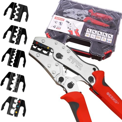 ERKO Set Universal-Crimpzange PR_33 inkl. 5 Presseinsätze für Kabelschuhe mit und ohne Isolation 0,5 ÷ 6 mm2 sowie für Aderendhülsen 0,5 ÷ 35 mm2, aus Edelstahl, Länge: 220 mm, Gewicht: 500 g