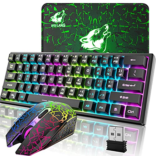 Teclado mecánico 60 % para juegos, mini 68 teclas, antifantasma, con cable tipo C, croma RGB, 18 efectos retroiluminados, ligero para juegos Mosue 6400 DPI, óptica de panal, 128 teclas PBT para