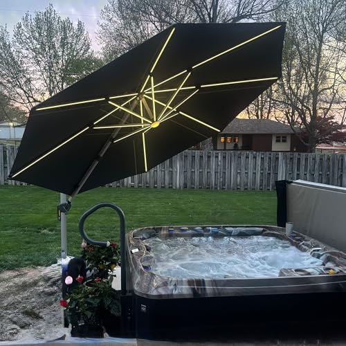 PURPLE LEAF Sonnenschirm Rund 330 cm mit LED Solar Doppeldach, Grau | 360° Flexibilität, 240 g/m² UV-Schutz, Optimale Belüftung, Rostfreier Alurahmen, Einfaches Öffnen, Ampelschirm für Terrasse
