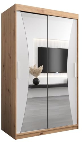 MEBLE KRYSPOL Kleiderschrank mit Spiegel Monaco - Garderobenschrank - Schrank Schlafzimmer - Mehrzweckschrank Zwei Schiebetüren - Regalen - Flur Möbel - Kleiderstange Schrank - Allzweckschrank