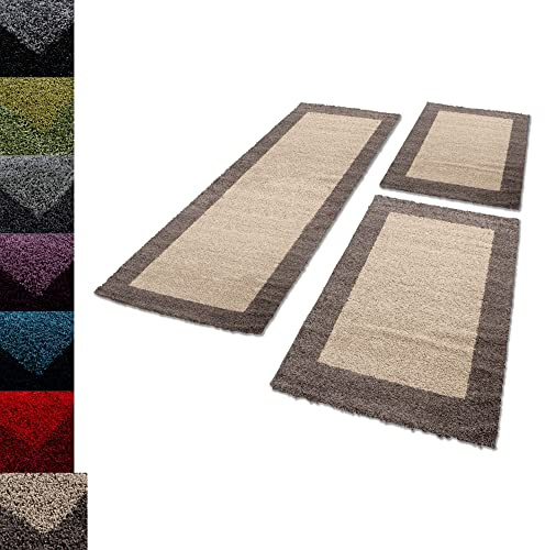 Carpettex Bettumrandung Schlafzimmer 3teilig Shaggy Teppich Hochflor Bordüre Muster Taupe Bettset:2 mal 60x110 + 1 mal 80x250 - Bettvorleger Schlafzimmer Läuferset Weich Langflor Bettumrandung Teppich