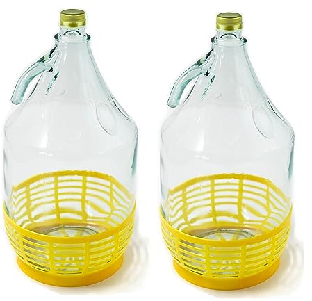 WYSKONT Botella de caramelo de cuello estrecho con tapón de rosca fija y cesta para elaboración de vino, almacenamiento de bebidas, servicio de vidrio transparente, 2 piezas x 5 L