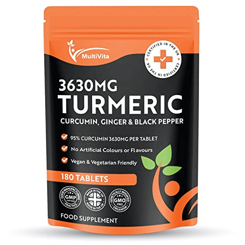Multivita Turmeric Curcumin Plus Ginger and Black Pepper Tablets | 180 x 3,630mg High Strength Vegan Tumeric Supplement (Not Capsules or Powder) Natural Joint Aid UK Made GMP